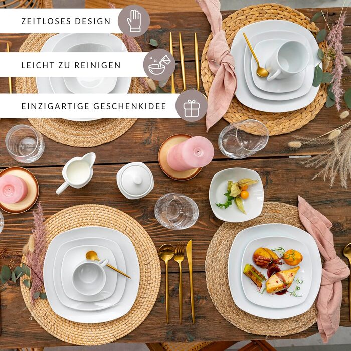 Набір посуду SÄNGER Bilgola, 16 предметів, білий, для 4 осіб. Посуд з порцеляни: тарілки, чашки, миски. Преміум-якість, квадратний дизайн.