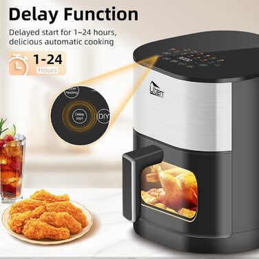 Ультра-сучасна аерофритюрниця Uten Dual Blaze 2000 Вт, без олії, 5,5 л, з оглядовим вікном, 14 програм, рецепти, відкладений старт, без перевертання продуктів, срібляста, квадратна форма