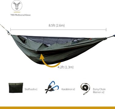 Гамак OneTigris KOMPOUND для 1 особи з москітною сіткою, туристичний, 260x130 см, армійсько-зелений, багаторазова упаковка