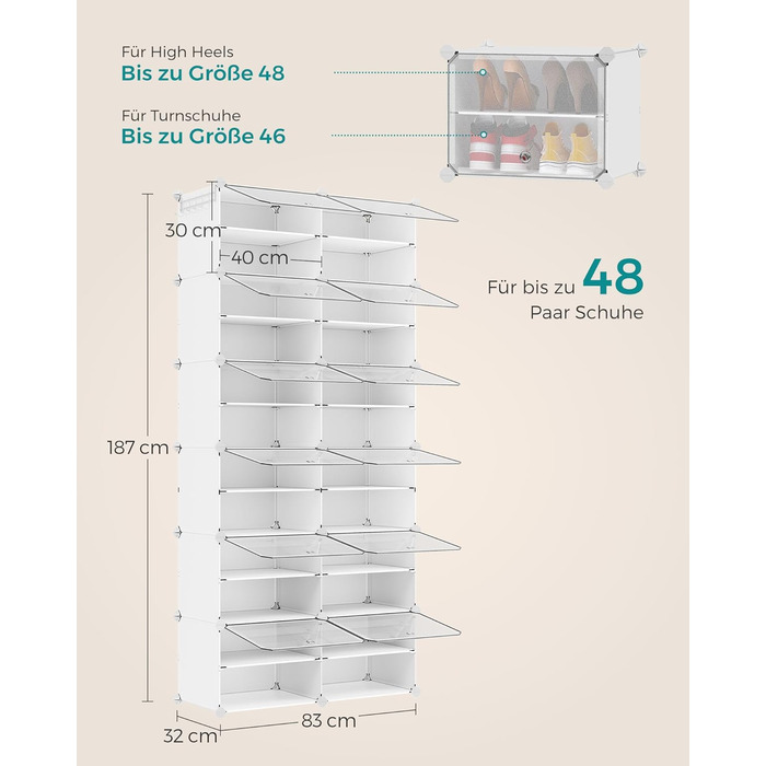 SONGMICS 10-Tier Shoe Rack, Shoe Cabinet, 30 x 40 x 30 cm per compartment, slim, with doors, steel frame, plastic, for hallway, bedroom, entrance area, LPC035B01 (12 compartments (124.4B x 124.6H cm), White)