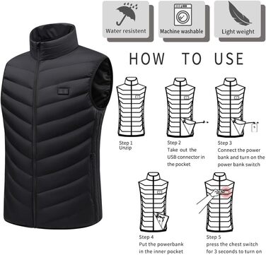 Обогрівальний жилет для чоловіків Monave: тепла куртка з 3 режимами для мотоцикла, кемпінгу, катання на лижах та повсякденного носіння. Чорний (Powerbank не входить до комплекту), XL