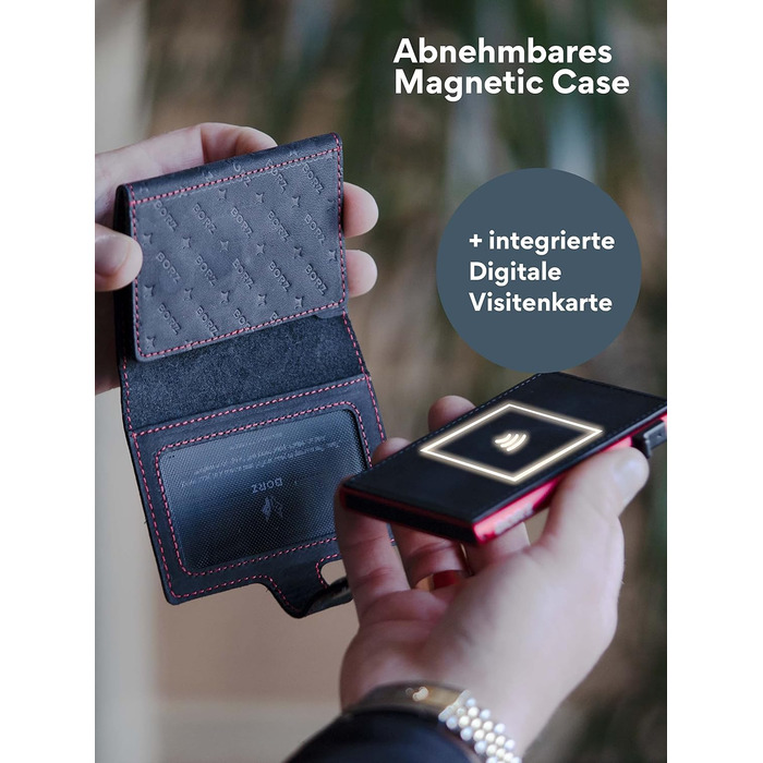 Крутий чохол-картхолдер BORZ Prime для AirTag з відділенням для монет, цифровою візитною карткою, захистом RFID, карбоном та червоною строчкою. Slim, шкіряний, з червоною строчкою.