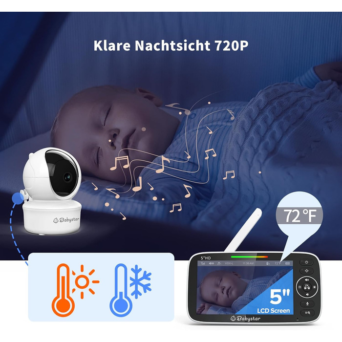 Дитячий відеоняня Babystar з камерою, 5 дюймів, 720P HD, без Wi-Fi, акумулятор 4000 mAh, Vox-функція, датчик температури, нічне бачення, 2-сторонній аудіо