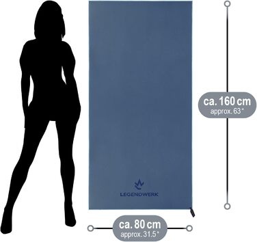 Рушник з мікрофібри Legendwerk® 160x80 см – швидковисихаючий, компактний, для подорожей, фітнесу, міста та відпочинку на природі – легкий, стильний, з сумкою та петлею для підвішування, 1 шт. (Дарк Блю)