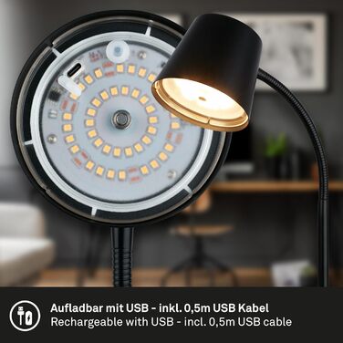 LED лампа BRILONER настільна бездротова з торшером, поворотна, з акумулятором, замінна світлодіодна лампа, нічна лампа, лампа для читання, офісна лампа, чорна, 38,5 см