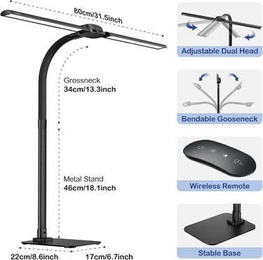 LED лампа настільна Kary з регулюванням яскравості, 24W, подвійний напівкруг, для офісу, роботи, читання, з пультом та USB-портом, чорна