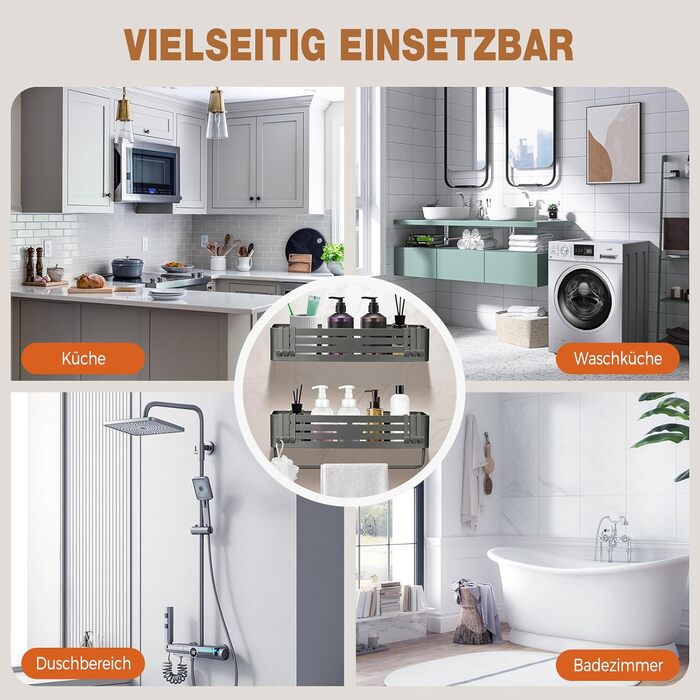 Поличка для душу Lekesky без свердління, кутова, з міцними присосками, алюміній, нержавіюча сталь, знімна, для ванної кімнати, кухні, орендованого житла (2 шт., сірий gunmetal з тримачем для рушників, прямокутна)