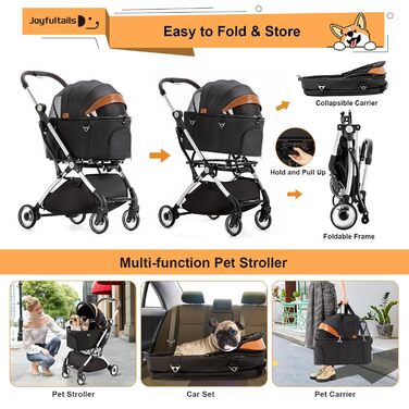 Візок для собак 3 в 1, до 15 кг, чорний. Розкладний візок для собак та котів з сумкою-переноскою та дощовиком. Підходить для маленьких та середніх порід.