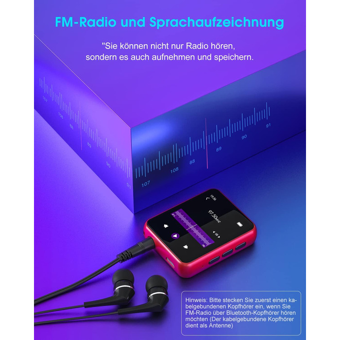 MP3 плеєр 32GB Bluetooth 5.0 з сенсорним екраном, HiFi, радіо, диктофон (червоний)