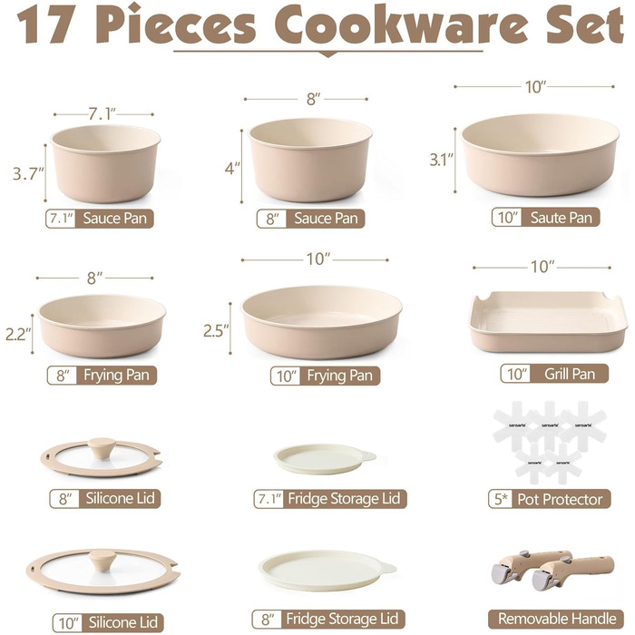 Набір посуду SENSARTE 17 частин з керамічним покриттям, антипригарний, для всіх плит, безпечний, можна мити в посудомийній машині, Ofenfest, бежевий