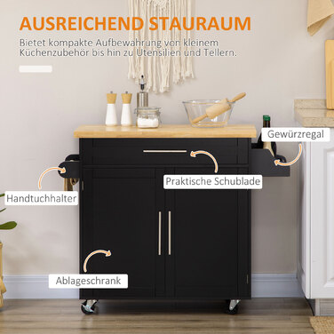 HOMCOM Kitchen Cart Serving Cart with Countertop and Spice Rack, Towel Rack for Living Room and Dining Room, 109x40x89cm