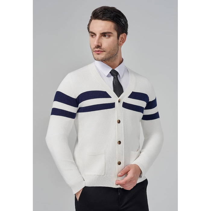 Чоловічий в'язаний кардиган KUYIGO з V-подібним вирізом, ґудзиками, довгим рукавом, легкий, м'який, з вовняної суміші, з кишенями, смугастий (XXL, XXXL, білий/блакитний)