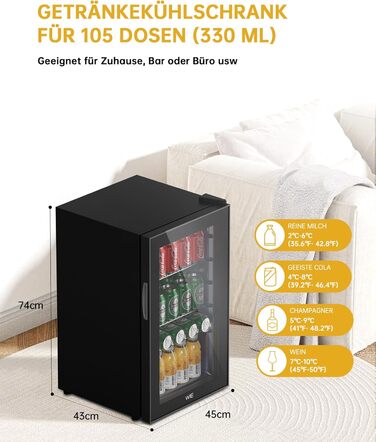 Міні холодильник WIE 70 літрів з подвійними скляними дверима, регульованими полицями для дому, кухні, бару, офісу. Для соди, пива, вина. Тиха робота, 105 доз.