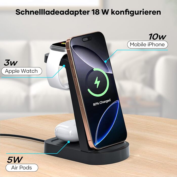 Бездротова зарядка 3-в-1 з адаптером 18W, сумісна з iPhone 16/15/14/13/12 Pro/Pro Max, Apple Watch, AirPods Pro (Чорний)