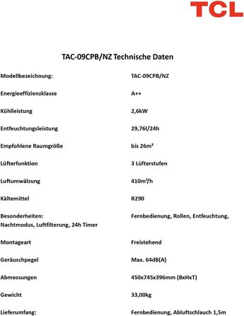 Тренажер TCL 9000 BTU (2,6kW) TAC-09CPB/NZB 3-в-1: охолодження, вентиляція, осушення. Тиха робота, таймер, нічний режим, пульт ДК. Для вітальні, офісу, спальні. Чорний колір.