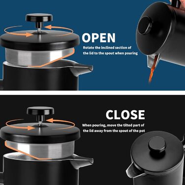 Френч-прес MERMOO YILAN 1L з нержавіючої сталі: термоізольований кавовар для кемпінгу, з подвійними стінками, 1000 мл (чорний)