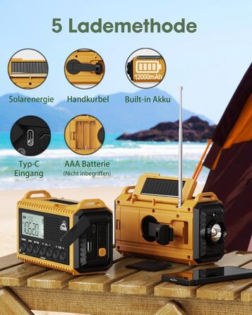 Радіоприймач Kurbelradio 12000mAh з сонячною панеллю та ручкою, AM/FM/SW, USB-зарядка, ліхтарик, SOS-сигнал, для кемпінгу та надзвичайних ситуацій, зелений