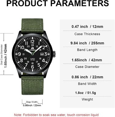 Годинник чоловічий LN LENQIN аналоговий кварцовий на текстильному ремінці, водостійкий 30M, з датою (зелений, чорний)