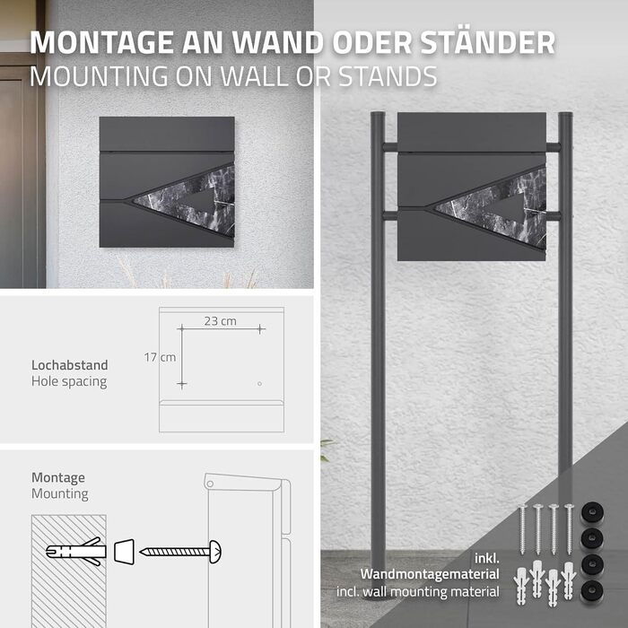Поштовий ящик ML-Design 37x36,5x11 см антрацит/під дерево, сталевий, з газетницею, замок на 2 ключі, настінний, сучасний дизайн