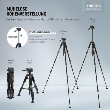 Штатив для камери та смартфона NEEWER Basics (TP55), легкий алюмінієвий туристичний трипод 188 см з 3-позиційною нахильною головкою