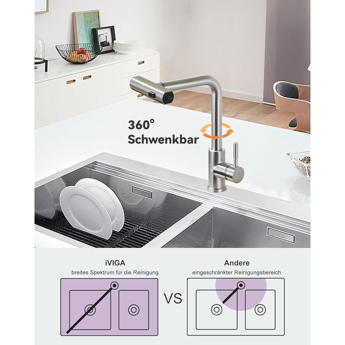 Кухонний змішувач iVIGA висувний з дозатором, водоспад, 360° поворот, 3 режими, щіткова нікель, T-подібний
