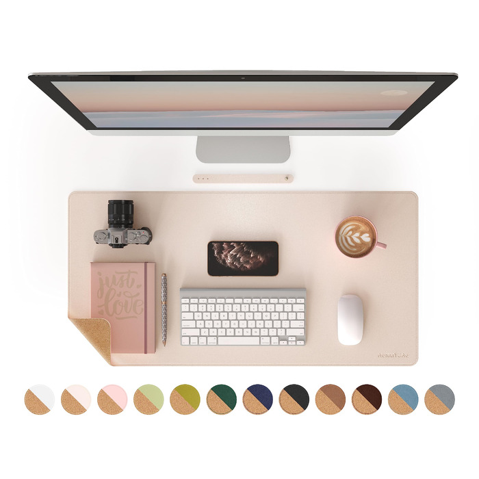 Килимок для миші RENMTURE двосторонній: Корк + PU-шкіра, 80x40 см, для офісу та дому, захист столу, антиковзкий, водостійкий, персиковий