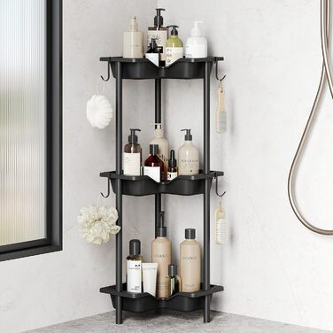 Orimade 4-Piece Shower Caddy Standing Stainless Steel, Corner Shower Shelf Freestanding with 4 Hooks, Plastic-Metal Combination Shower Baskets Floor Standing for Bathroom, 10 x 10 x 44.6 inches Black