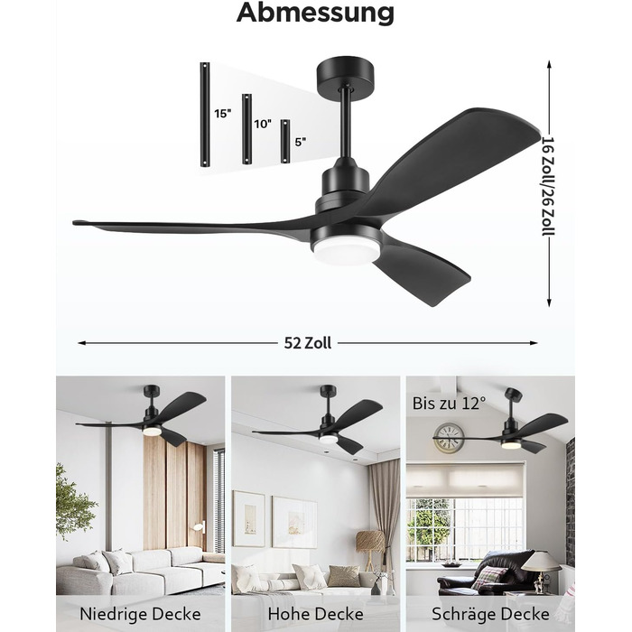 Стеляний вентилятор з підсвічуванням та пультом дистанційного керування, тихий DC двигун, 132 см/52 дюйми, 3 дерев'яних лопаті, таймер, 6 швидкостей, сертифікований ETL, режим літо/зима для спальні (132 см/52 дюйми, Чорний)