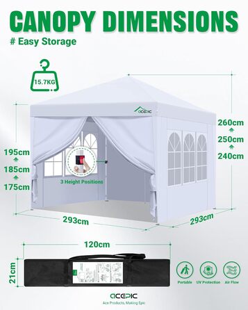 One-Touch Pop-Up Pavilion 3x3 Waterproof, Stable, Winter-Proof with Side Walls, Folding Pavilion with Thickened Tubes, for Garden, Party, Camping, Outdoor, Steel Frame, with 4 Side Walls, Dark Grey (Grey)