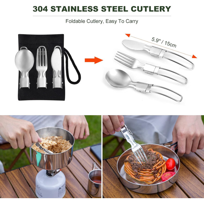 Набір кухонного посуду для кемпінгу Odoland 7 предметів: каструля, сковорода, тарілки, миски, столові прибори з нержавіючої сталі