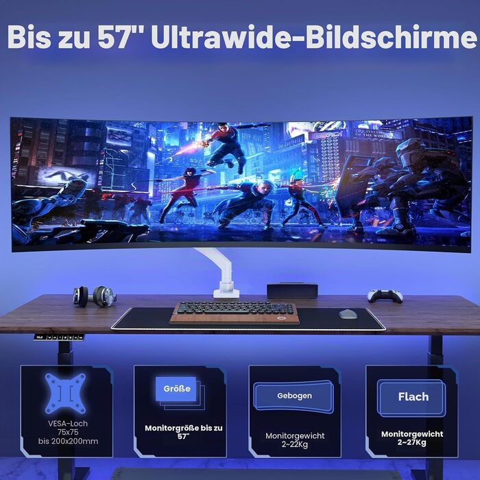 Кронштейн для монітора PUTORSEN Ultrawide 22-57 дюймів, регульований за висотою, настільний тримач до 27 кг, VESA до 200x200 мм, білий
