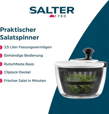Салатниця-центрифуга Salter 3.5L – миття, сушіння та подача, чорна