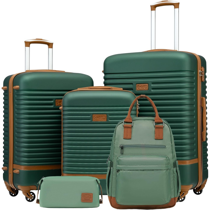 COOLIFE Suitcase Trolley Luggage Travel Suitcase made of ABS Hard Shell Trolley with 4 Wheels and TSA Lock. The suitcase includes 1 Travel Backpack and 1 Toiletry Bag (White/Brown, Large 3-Piece Suitcase Set) (5-Piece Suitcase Set, Dark Green/Brown)