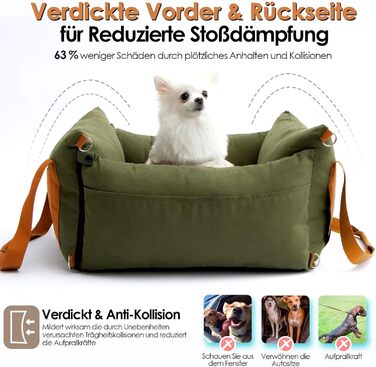 Small & Medium Dog Car Seat - Portable Pet Carrier with Extendable Bed, Washable Travel Dog Bed with Storage Pockets & Safety Belt - Green