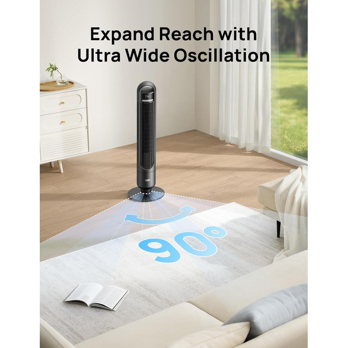 Вентилятор Dreo 91 см, чорний: тихий, з пультом, 4 швидкості, 3 режими, 9.8 м, таймер 8 год, осциляція 90°