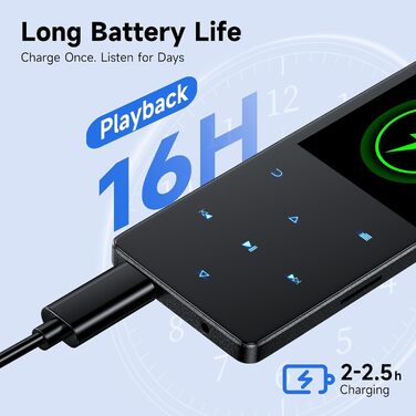 MP3 плеєр 64GB з Bluetooth 5.3, чорний: портативний музичний плеєр з динаміком, диктофоном, FM-радіо, підтримкою карт пам'яті до 128GB