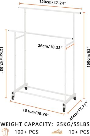 Підвісна штанга для одягу Calmootey з подвійною перекладиною, мобільна, для спальні, вітальні, магазину одягу, біла