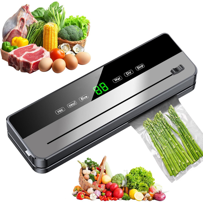Вакуумний пакувальник, вакууматор, апарат для запаювання фольги, знімний вакуумний пристрій, 10 пакетів для вакуумної упаковки, LED-таймер зворотного відліку, для сухих та вологих продуктів