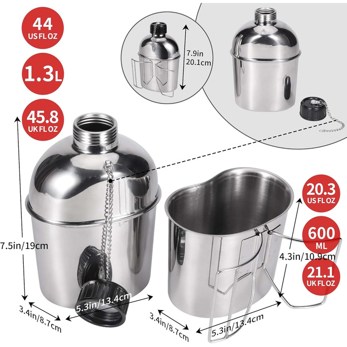 Goetland Stainless Steel US Military Field Bottle Set 1.2l with 0.6l Cup Nylon Bag Water Bottle Cooking Pot Camping Cup