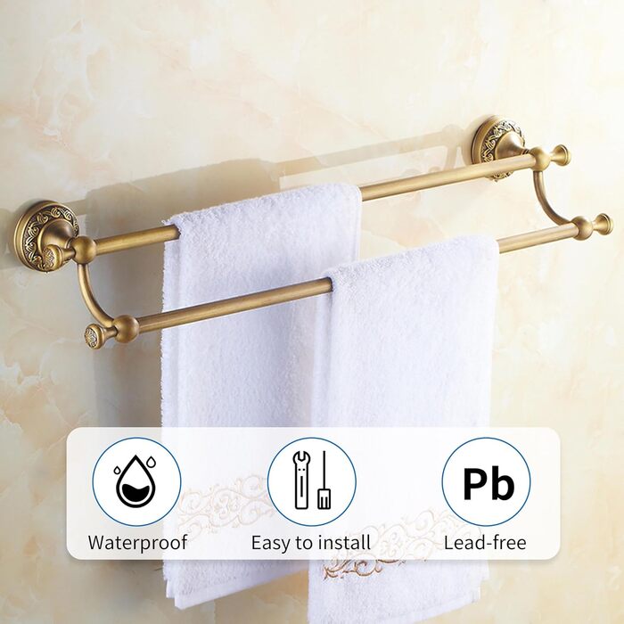 Brass toothbrush holder, antique bronze finish, cup holder with white ceramic cup, wall-mounted, bathroom accessory, patterned carving design (double towel holder)