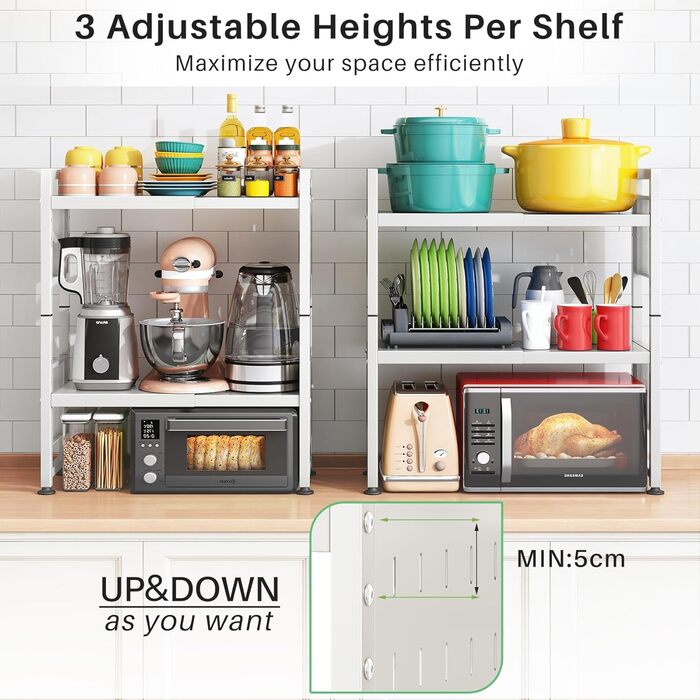 Поличка для мікрохвильової печі SAYZH, 3-рівнева висувна, органайзер для кухні з 10 гачками, біла