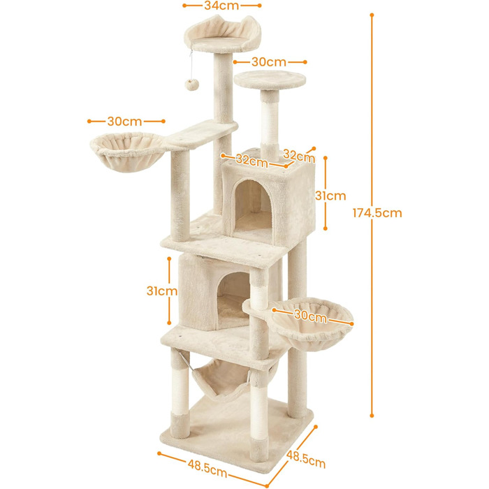 Кігтеточка Yaheetech XXL для котів, 175 см, для 3-4 котів, з платформами, гамаком, м'ячиком, бежева