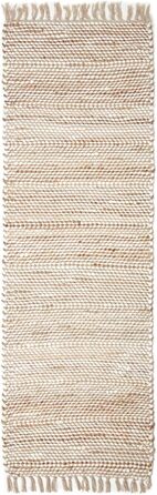 Homescapes Runner Rug Horizon, handwoven from 100% hemp, 66 x 200 cm, patchwork rug with herringbone pattern and fringe, cream natural