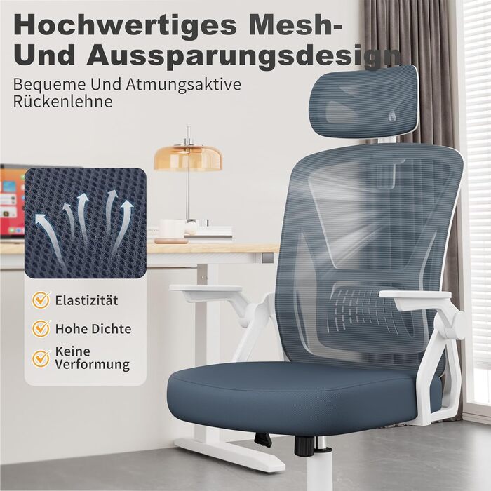 Офісний стіл Naspiro, ергономічне крісло з сітчастою спинкою, підтримка попереку, м'яке сидіння, регульована висота, для дому та офісу, сірий (темно-сірий, з підголовником)