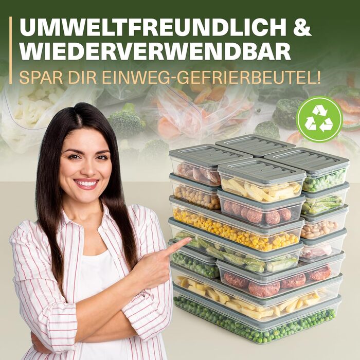 Stackable Freezer Containers, 16-Piece Set, Freezer & Refrigerator Organizer with Lid, Frost-Resistant up to -25°C, Reusable Food Storage Containers, Keep Food Fresh and Odor-Free