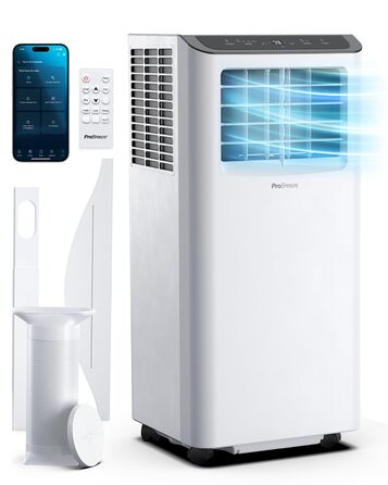 Мобільний кондиціонер Pro Breeze™ 9000 BTU 4-в-1: охолоджувач, вентилятор, осушувач, нічний режим. Клас енергоефективності A, комплект ущільнювача для вікна, пульт ДУ та таймер 24 години. Білий