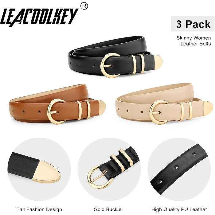 LEACOOLKEY: 3 жіночі шкіряні ремені-коси для джинсів та суконь. В'язані ремені з металевою блискавкою (100 см). Розмір: 66-76 см. Кольори: чорний, коричневий, бежевий.