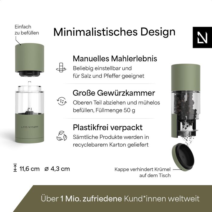 Набір для помелу солі та перцю LARS NYSØM з нержавіючої сталі (2 шт.) з регульованим керамічним жорном, зелений колір