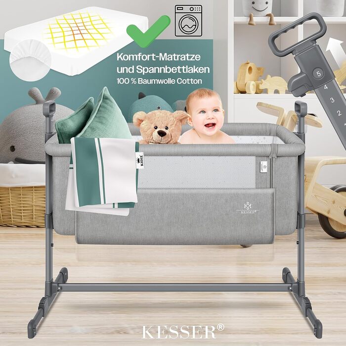 KESSER® Hubi 3in1 Bedside Bed, Travel Bed, Baby Bed with Soft Mattress, Mobile Bed, 5-Level Height Adjustment, Foldable Side Rail for Home and On the Go, Light Grey