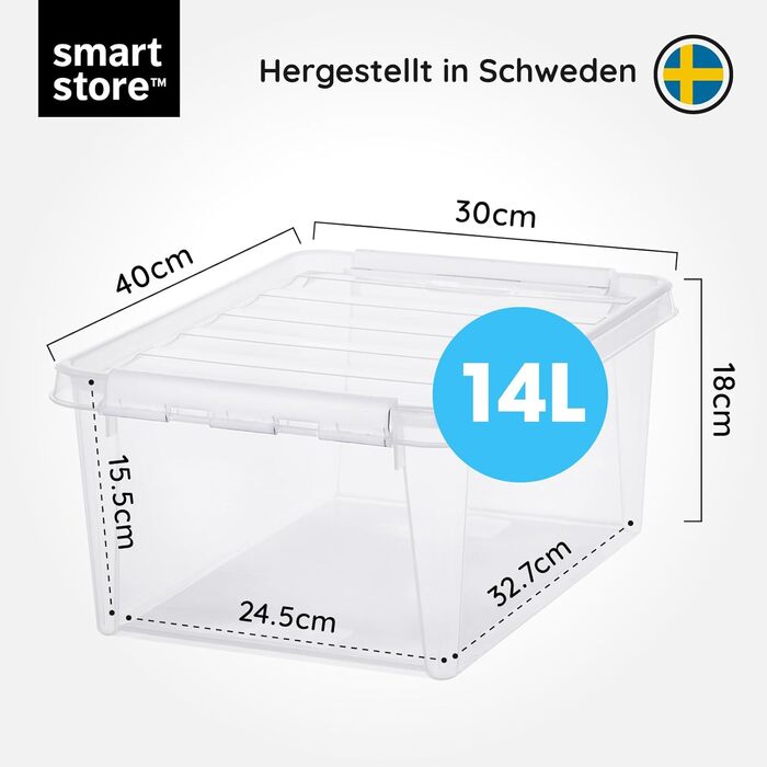 SmartStore - 4x Storage Box with Lid Classic 8L (34x25x16cm) | Stackable Box with Lid | Food-Safe Plastic Box | Plastic Box with Lid & Reinforced Corners | 10 Year Warranty (14.0l)